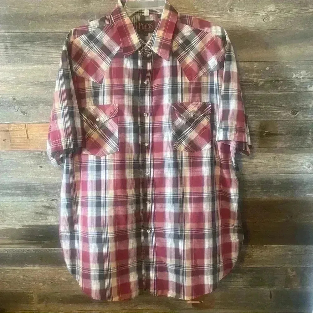 Men's Plains Western Wear Short Sleeve Pearl Snap Shirt X-Large Red Black